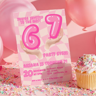 6 7 Meme Trend Six Seven Birthday party Retro Pink Invitation