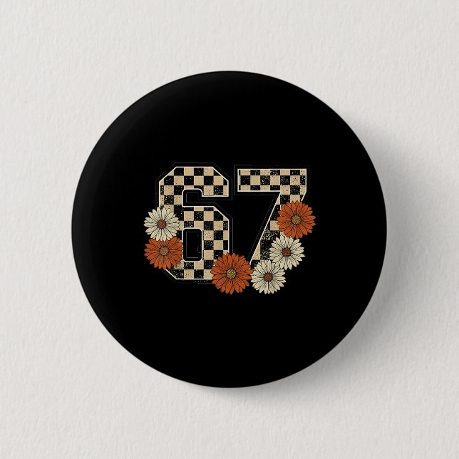 6 7 Retro Fall Meme Checkerboard Tee Haunted  Button (Front)