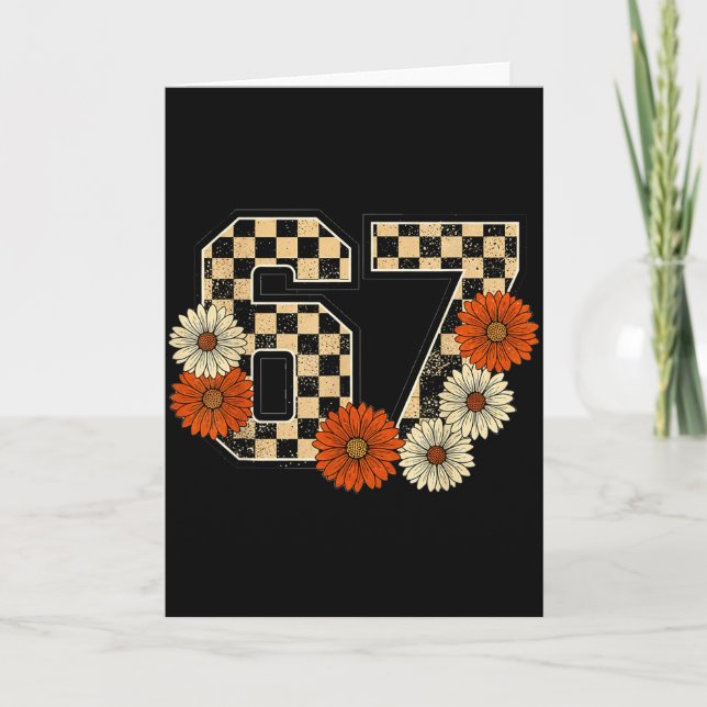 6 7 Retro Fall Meme Checkerboard Tee Haunted By 67 Card (Front)