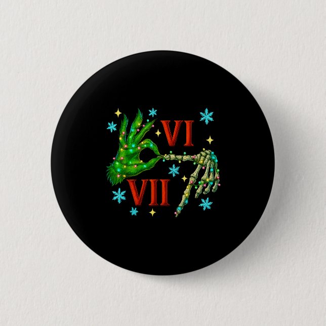 6 7 Six Seven Meme Christmas Hand Gen Z Alpha Xmas Button (Front)