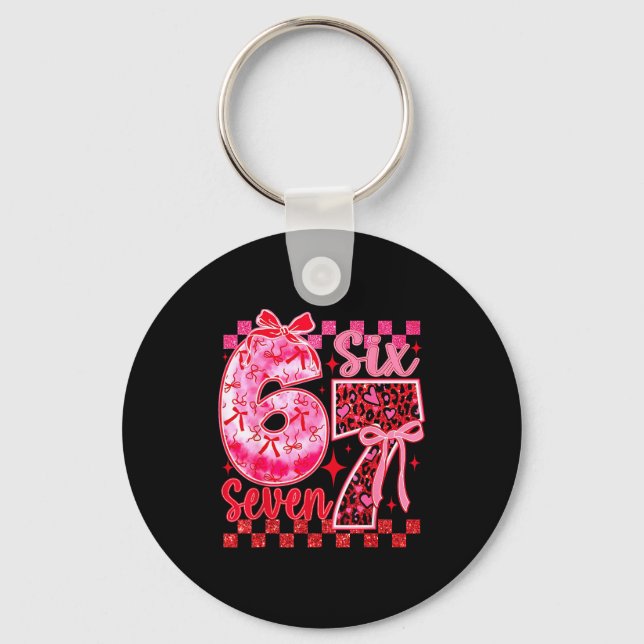 6 7 Six Seven Meme Coquette Bow Leopard Heart Vale Keychain (Front)