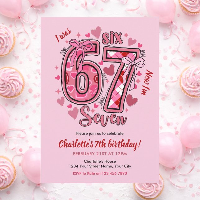 6 7 Six Seven Meme Trend Pink Girls 7th Birthday Invitation (Creator Uploaded)