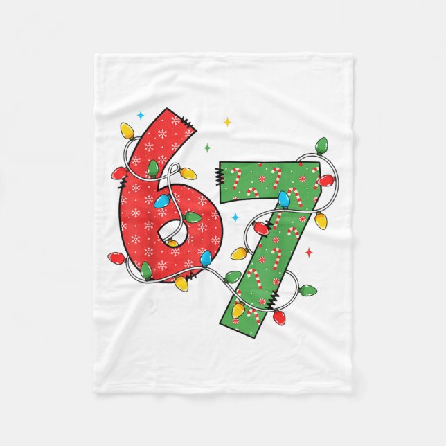6 7 Six Seven Meme Xmas Lights Candy Cane Christma Fleece Blanket (Front)