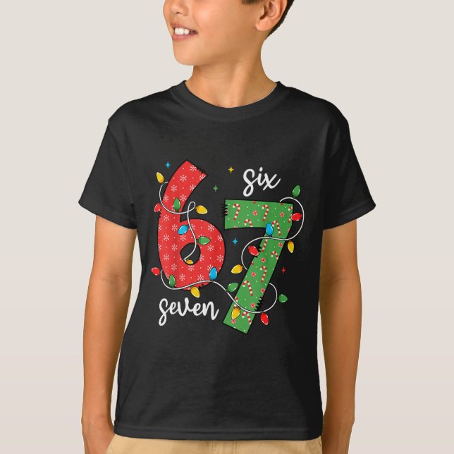 6 7 Six Seven Meme Xmas Lights Candy Cane Christma T-Shirt (Front)