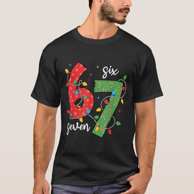 6 7 Six Seven Meme Xmas Lights Candy Cane Christma T-Shirt (Front)