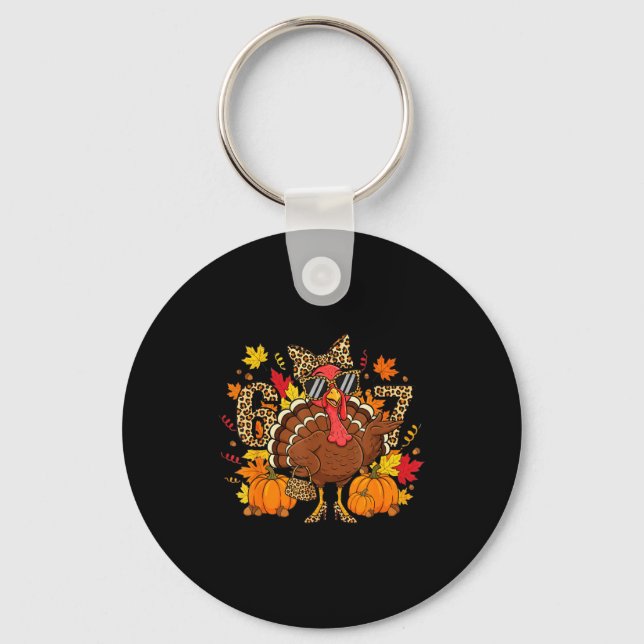 6 7 Thanksgiving Funny Leopard Bow Turkey Six Seve Keychain (Front)
