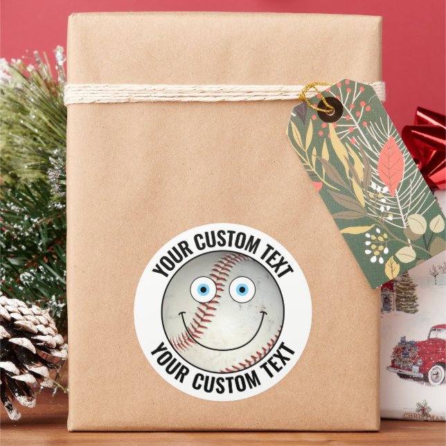 6 Baseball Personalized Text Custom Happy Face 3" Classic Round Sticker (Holiday)