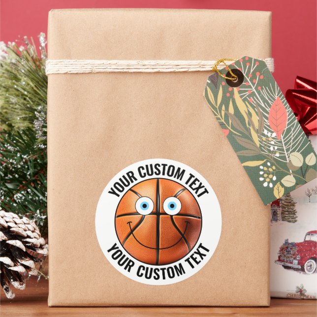 6 Basketball Personalized Text Custom Happy Face Classic Round Sticker (Holiday)