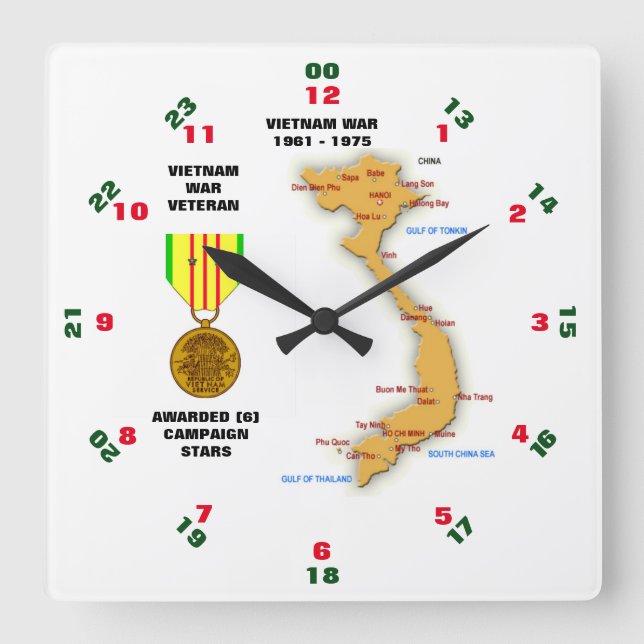 6 CAMPAIGN STARS VIETNAM WAR VETERAN SQUARE WALL CLOCK (Front)
