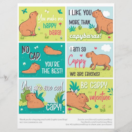6 Capybara Kids Classroom Valentines Day Cards