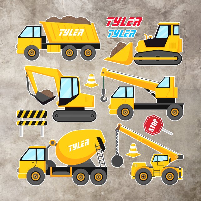 6 Cool Construction Trucks, Names Floor Decals (Insitu)