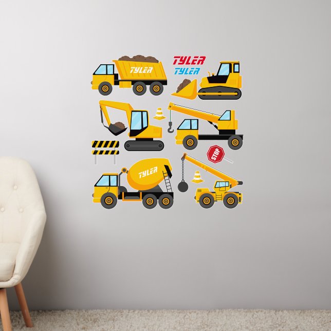 6 Cool Construction Trucks, Names Wall Decal (Living Room 2)
