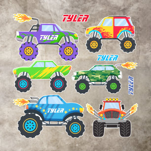 6 Cool Monster Trucks With Flames & Child's Name F Floor Decals