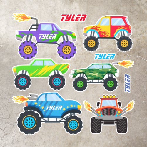 6 Cool Monster Trucks With Flames  Childs Name Floor Decals