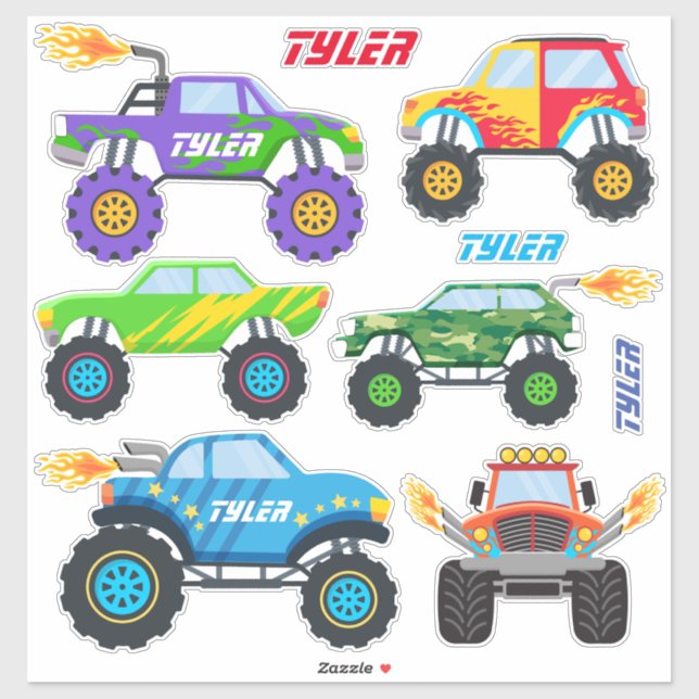 6 Cool Monster Trucks With Flames, DIY Names Sticker (Sheet)