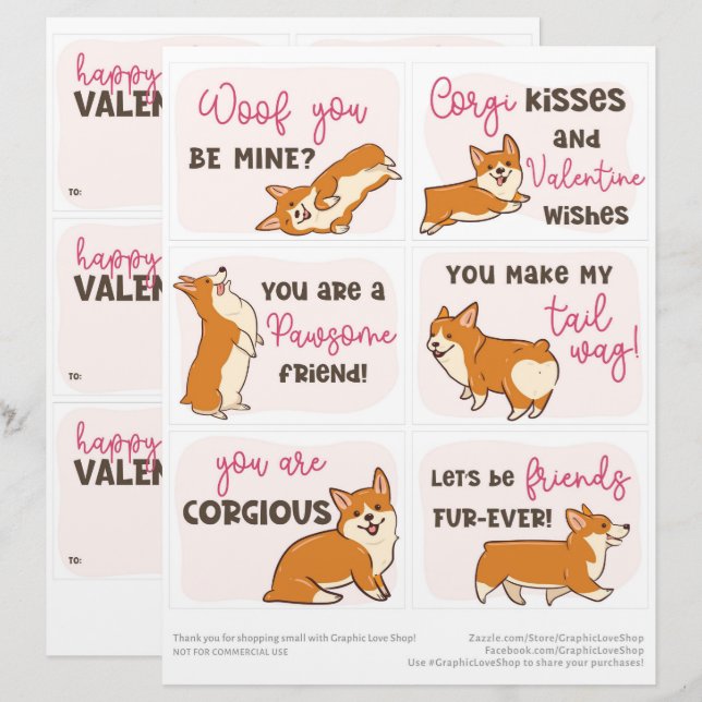 6 Corgi Dog Kids Classroom Valentine's Day Cards (Front/Back)