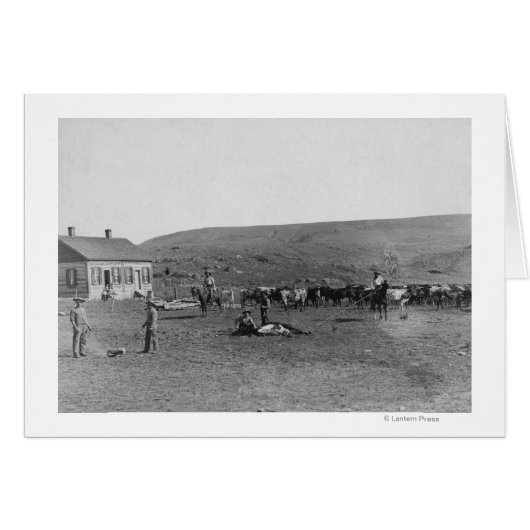 6 Cowboys Branding Cattle Near House Photograph (Front Horizontal)