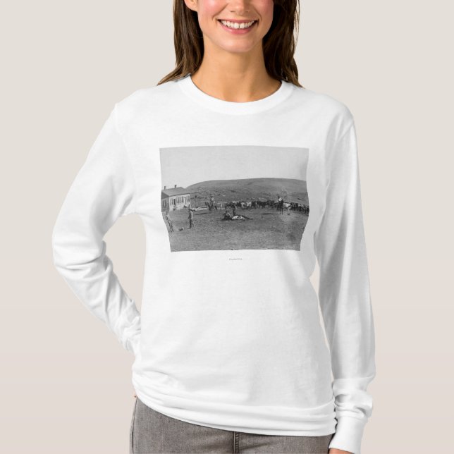 6 Cowboys Branding Cattle Near House Photograph T-Shirt (Front)