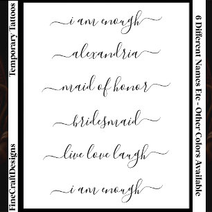 6 Custom Name/Word Elegant Calligraphy Script Blk Temporary Tattoos