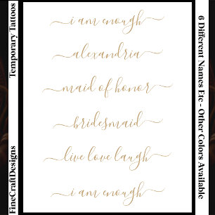 6 Custom Name/Word Elegant Calligraphy Script Gld Temporary Tattoos