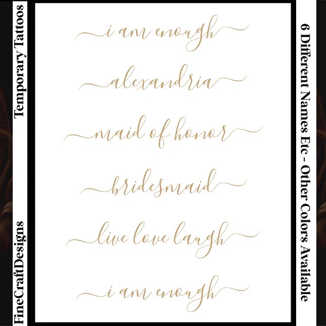 6 Custom Name/Word Elegant Calligraphy Script Gld Temporary Tattoos (Creator Uploaded)