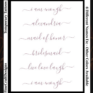 6 Custom Name/Word Elegant Calligraphy Script Mve Temporary Tattoos