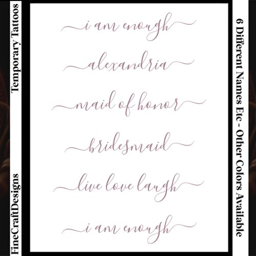 6 Custom Name/Word Elegant Calligraphy Script Mve Temporary Tattoos