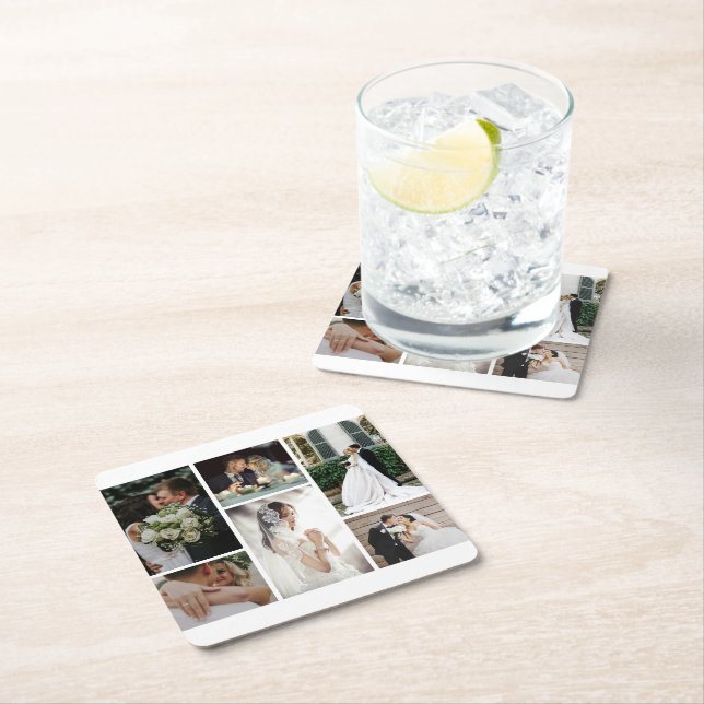 6 Custom Photo Collage Favorite Moments Square Paper Coaster (Insitu)