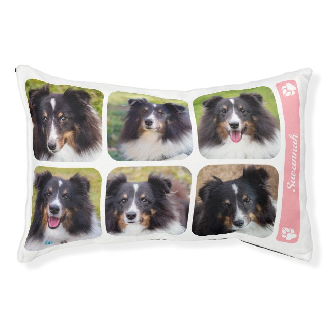 6 Custom Photo Collage Template With Name On Pink Pet Bed (Front)