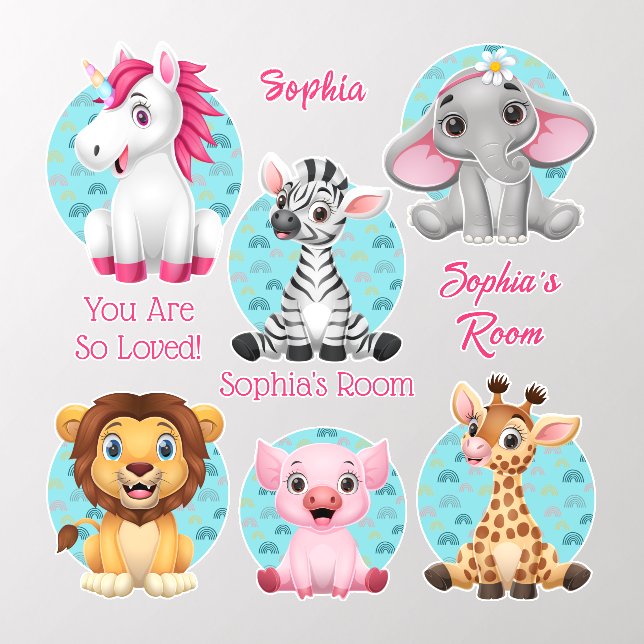 6 Cute Baby Animals, Colorful Art, 3 Names  Wall Decal (Insitu 2)