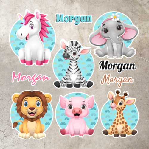 6 Cute Baby Animals Colorful Art 4 Names Floor Decals