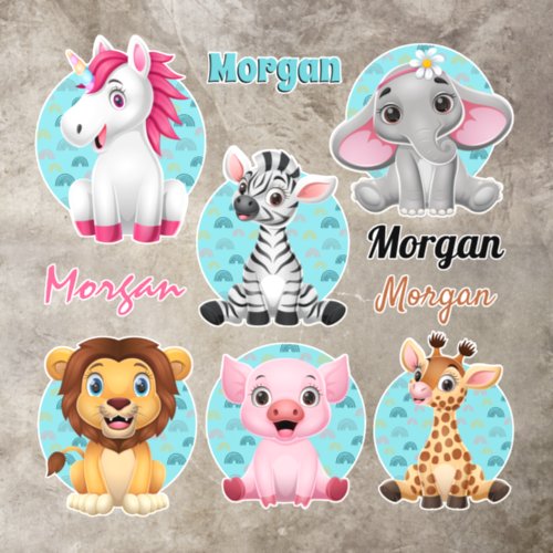 6 Cute Baby Animals Colorful Art 4 Names Floor Decals