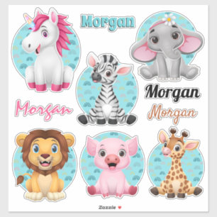 6 Cute Baby Animals, Colorful Art, 4 Names Sticker