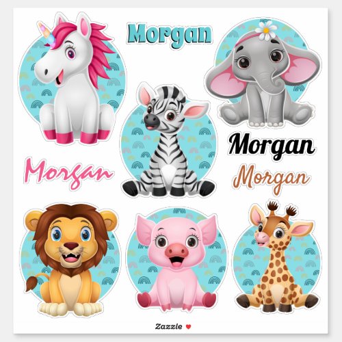 6 Cute Baby Animals Colorful Art 4 Names Sticker