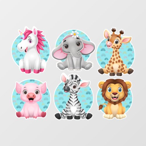 6 Cute Baby Animals Colorful Art Wall Decal
