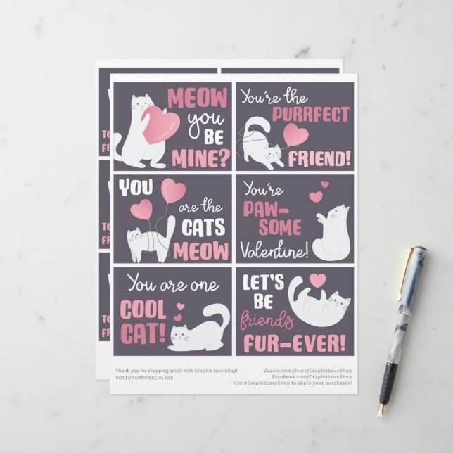 6 Cute Cat Kids Classroom Valentines Day Cards (Front/Back In Situ)