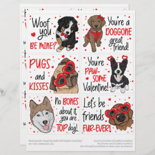 6 Cute Dogs Kids Classroom Valentines Day Cards
