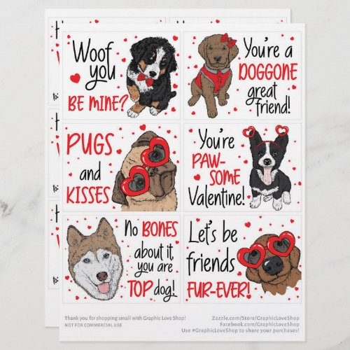 6 Cute Dogs Kids Classroom Valentines Day Cards
