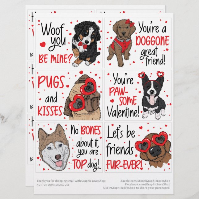 6 Cute Dogs Kids Classroom Valentines Day Cards (Front/Back)