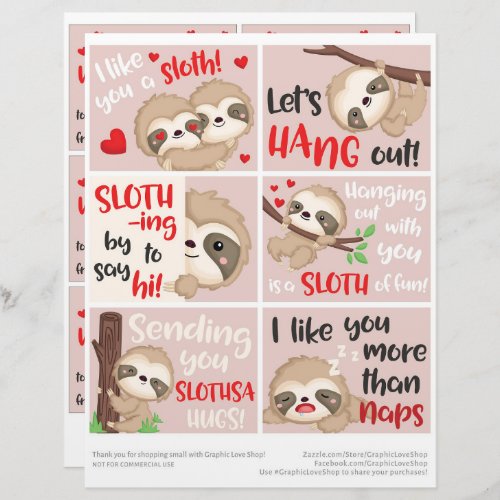 6 Cute Sloth Kids Classroom Valentines Day Cards