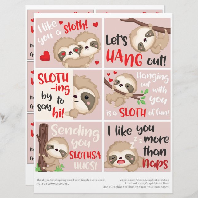 6 Cute Sloth Kids Classroom Valentine's Day Cards (Front/Back)
