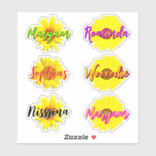 6 Cute Yellow Sunflowers & Handwritten Name Sticker