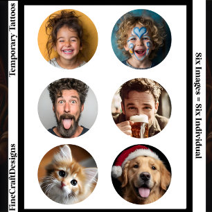 6 Different Image Custom Round Selfie Celebration Temporary Tattoos