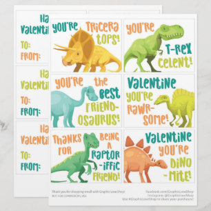 6 Dinosaur Kids Classroom Valentines Day Cards