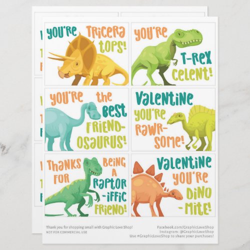 6 Dinosaur Kids Classroom Valentines Day Cards
