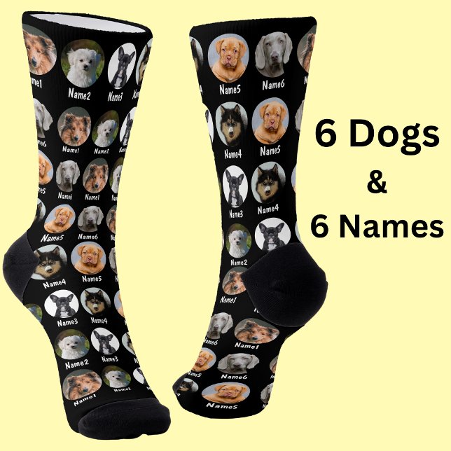 6 Dogs, 6 Names, Dog Photo - Personalized Black  Socks (Creator Uploaded)