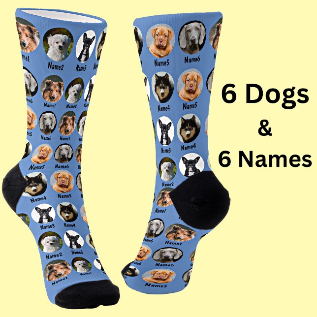 6 Dogs, 6 Names, Dog Photo - Personalized Blue Socks (Creator Uploaded)