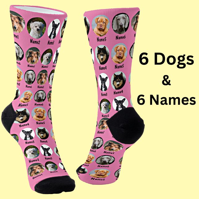 6 Dogs, 6 Names, Dog Photo - Personalized Pink Socks (Creator Uploaded)