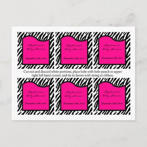6 Favor Tags Hot Pink Zebra Print Invitation Postcard
