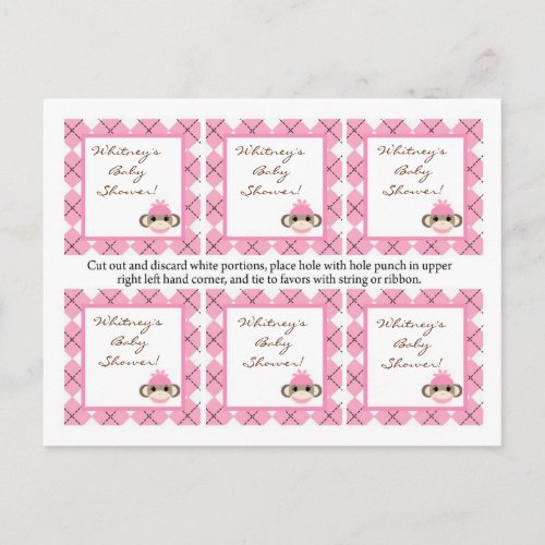 6 Favor Tags Pink Argyle Sock Monkey Invitation Postcard